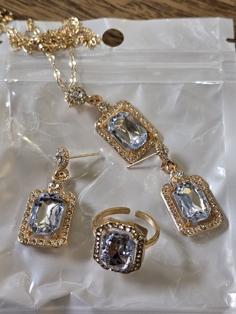 Gold-Tone Clear Crystal Pendant Necklace and Earring Set with Matching Ring